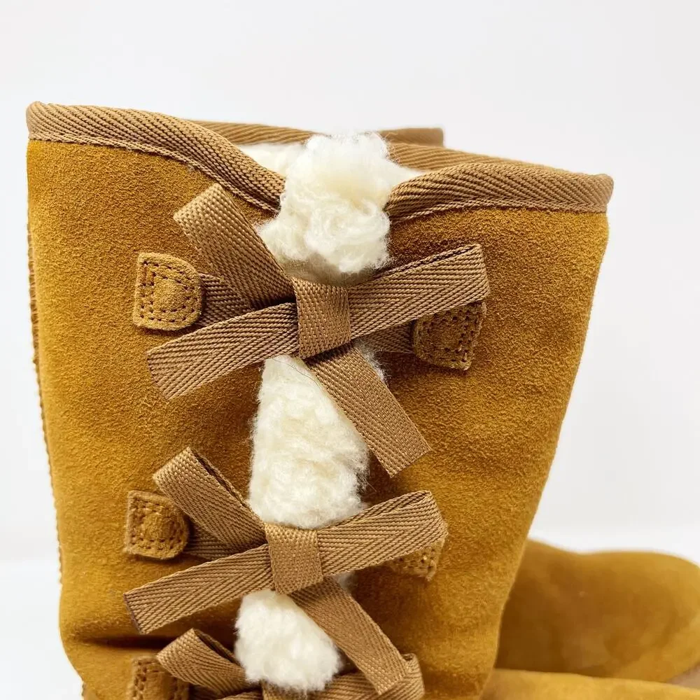 Koolaburra by UGG Suede Bow Tall Boots Tan Chestnut Victoria Womens Size 5 Cozy